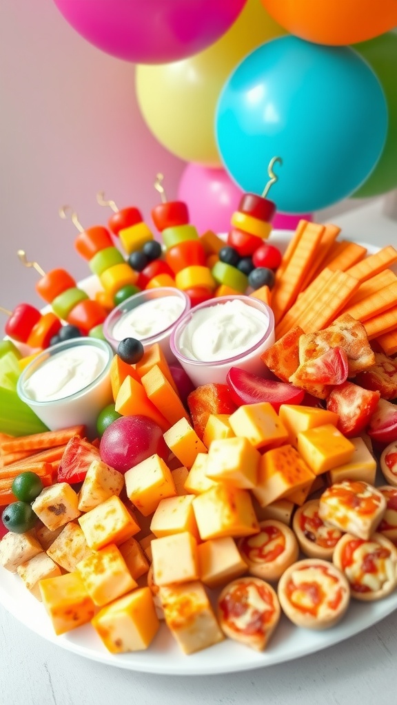 A festive platter of colorful fruit skewers, veggie sticks, cheese cubes, and mini pizza bites for a kids
